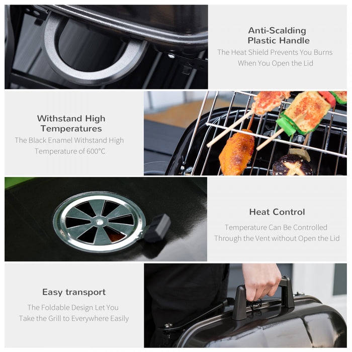Outsunny 23\" Portable Tabletop Steel Charcoal Grill Foldable Outdoor BBQ Camping Picnic Cooker Barbecue Smoker with Air Vent Black