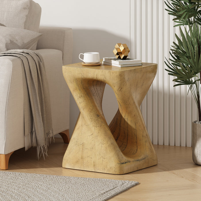 Miro 16\" Modern Twisted Hourglass MGO Accent Table, Faux Wood Grain Indoor Side Table, Natural