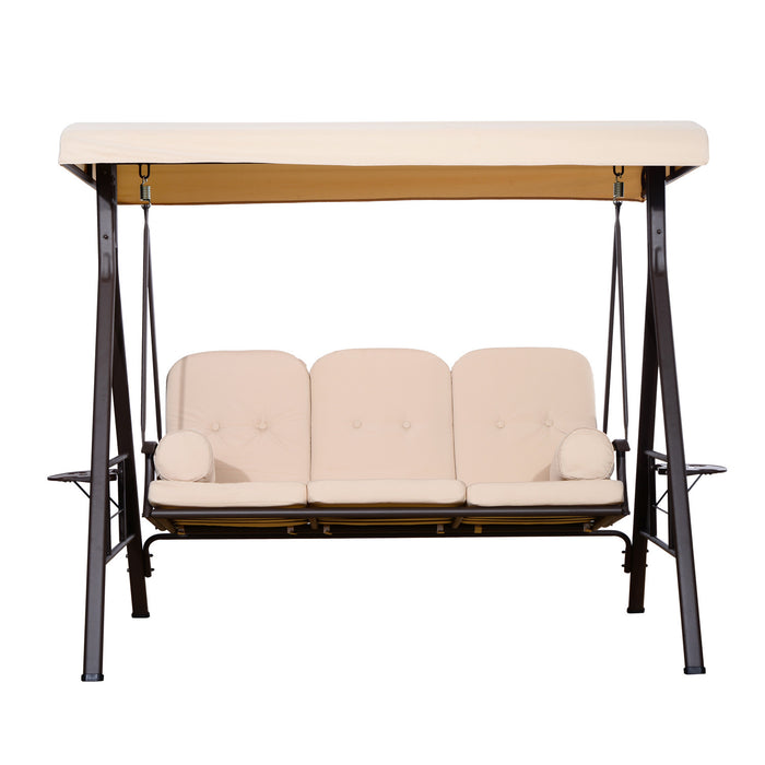 Outsunny 3 Seater Porch Swing Heavy Duty Outdoor Swing Chair Outdoor Lounge Hammock Cushioned Seat W/ Tilt Canopy, Beige