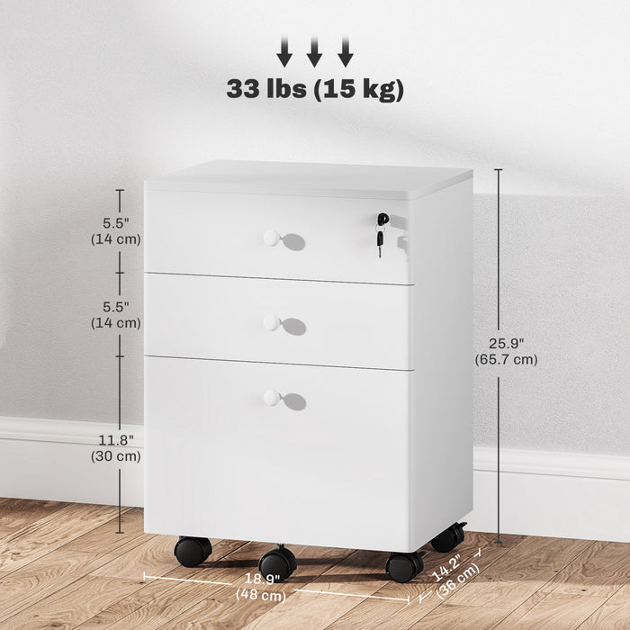 HOMCOM 3-Drawer Filing Cabinet with Lock, Mobile File Cabinet, White