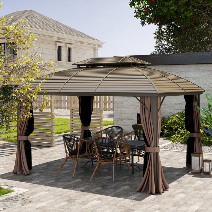 Outsunny 10' X 12' Metal Roof Hardtop Gazebo W/ Curtains & Netting, Coffee