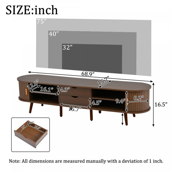 Ethan Oval TV Stand Media Console with Sliding Doors and Drawers,Dark Oak