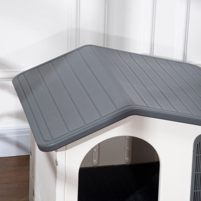 Pawhut Plastic Dog House With Air Vents, Small Dog House With Door Opening, Elevated Floor, Bowl Holder, 2 Bowls, Soft Washable Cushion, For Small Sized Dogs, White