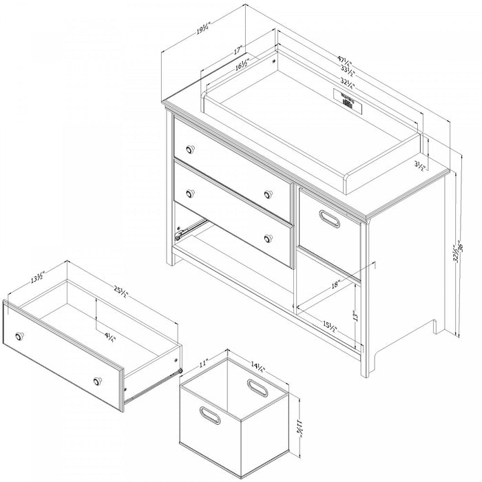 Cotton Candy Changing Table With Removable Rim, Drawers, And Open Storage - Pure White