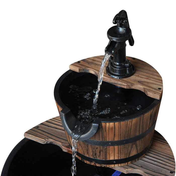 Outsunny 2-tier Wooden Barrel Water Fountain With Electric Pump, 23\" Tall Cascading Feature Outdoor Indoor Decoration