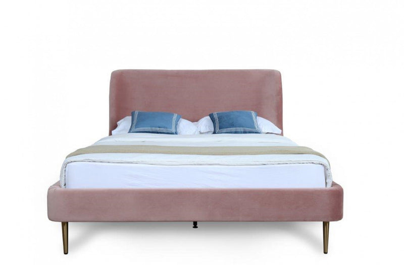 Heather Mid-Century Modern Velvet Upholstered Queen Bed in Blush and Gold