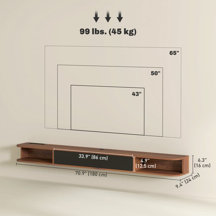 HOMCOM 71\" Floating TV Stand, Wall Mounted Media Console, Walnut