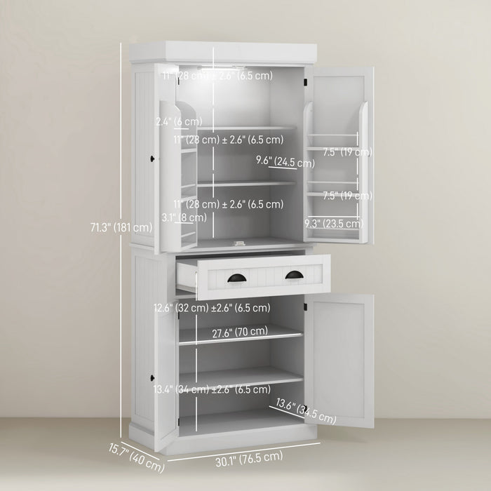 HOMCOM 71\" Kitchen Pantry Cabinet with Spice Racks and LED Lights, White