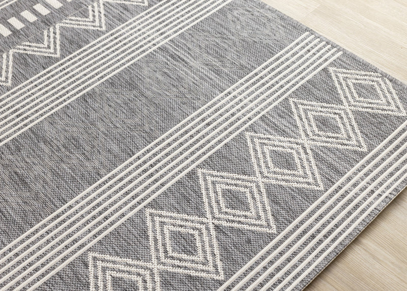 Jackson Grey White Patterned Rows Rug, 6'7\" x 9'6\" Outdoor Area Rug