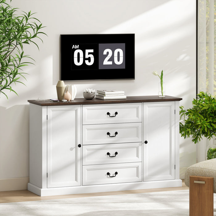 HOMCOM 58\" Sideboard Buffet Cabinet with Charging Station White Wood Grain
