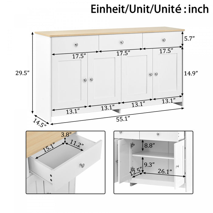 Grace 55.1\" Rustic Wood Buffet Cabinet with Doors and Drawers,White Accent Cabinet