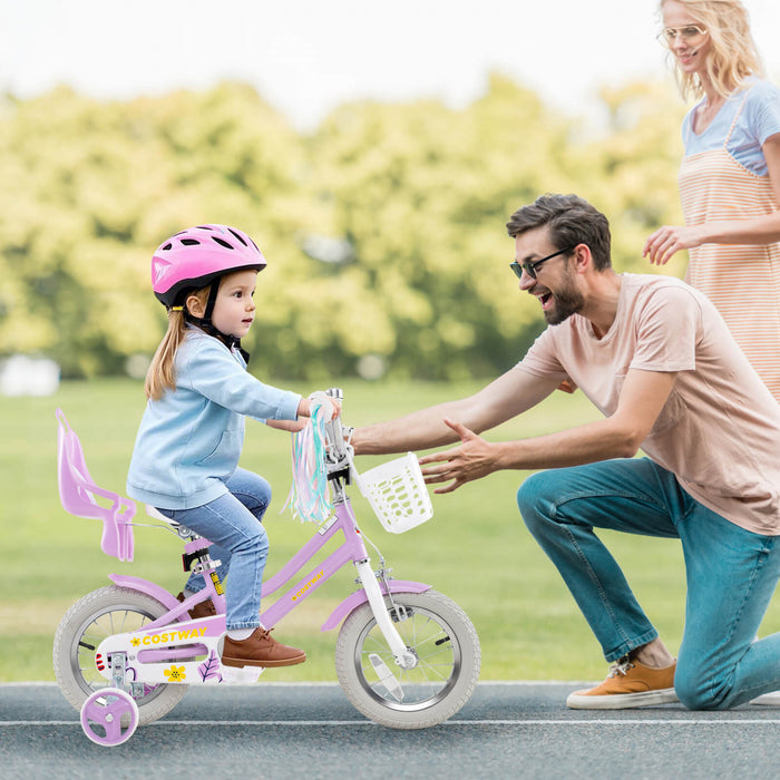 Costway 12 Inch Kids Bike With Training Wheels Doll Seat Basket Streamers Hand Brake Purple