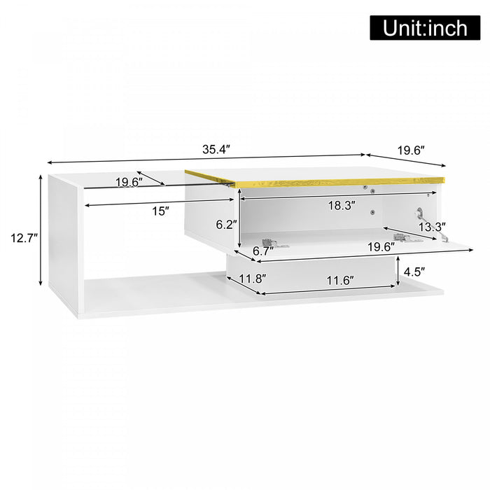 Ethan High-Gloss 35.4\" Long Coffee Table with Glass and LED Effect,White