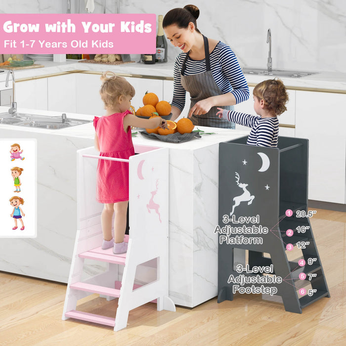 Costway Toddler Kitchen Stool Helper Baby Standing Tower With Chalkboard & Whiteboard Pink