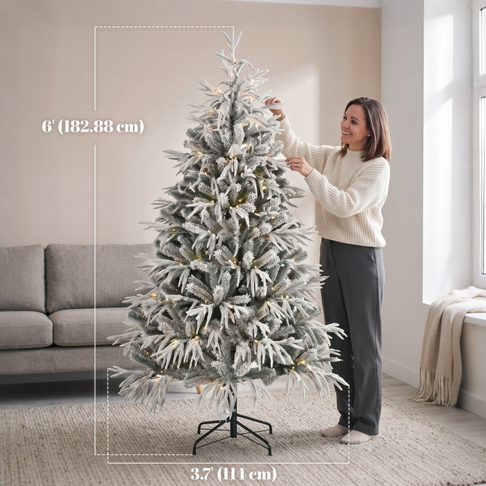 HOMCOM 6ft Prelit Christmas Tree, Flocked Xmas Tree, Green and White