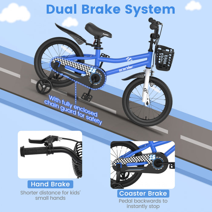Costway 16\" Kid's Bike With Removable Training Wheels & Basket For 4-7 Years Old Blue