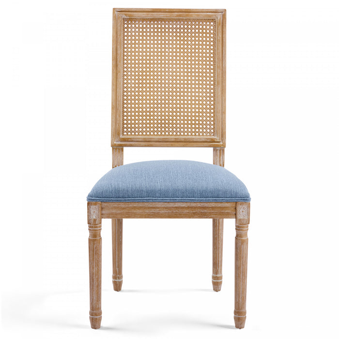 Oliver Solid Wood Rubberwood Dining Chair Set of 2 with Upholstered Seat Cane Backrest and Fluted Legs,Blue