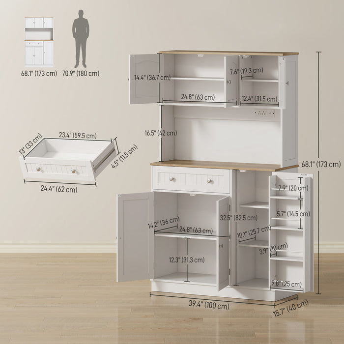 HOMCOM 68\" Pantry Cabinet, Kitchen Cupboard with Charging Station, White