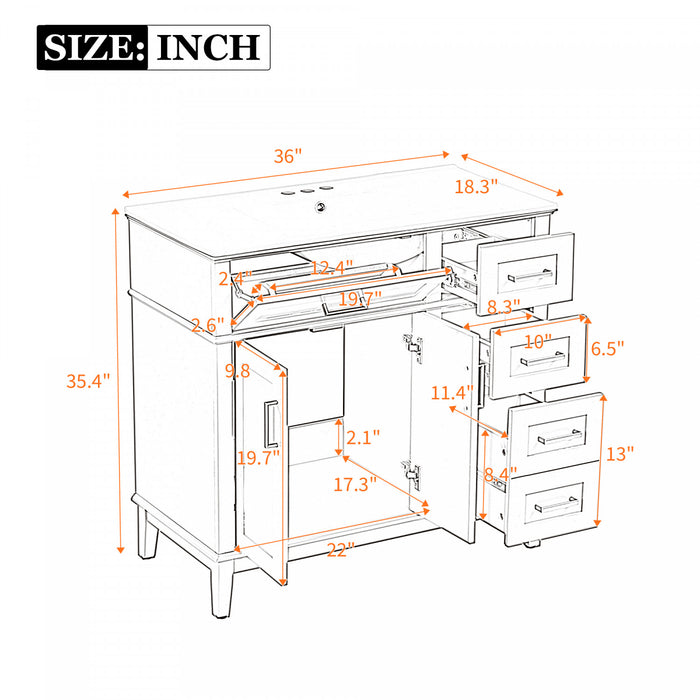 Marshall 36 Inch Modern Bathroom Vanity with Ceramic Sink & Storage, Blue