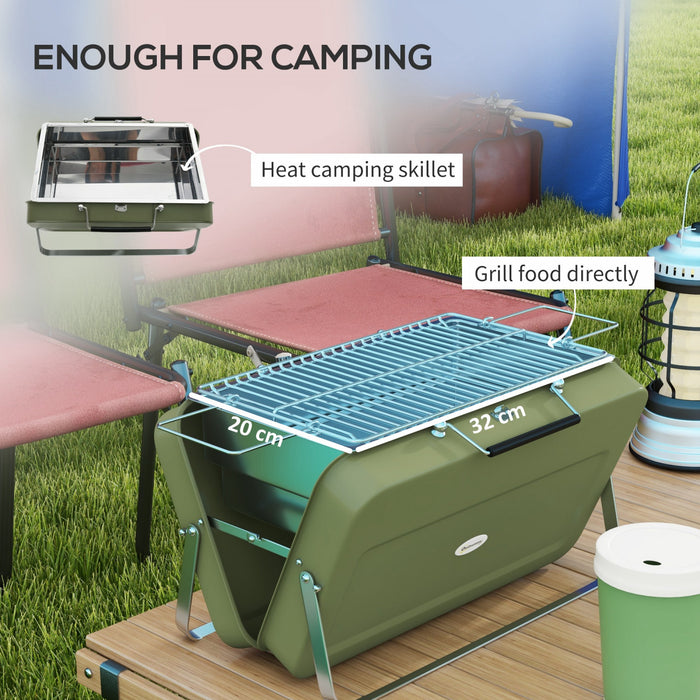 Outsunny Portable Mini Charcoal Barbecue Grill with Suitcase Shell, Outdoor Folding Tabletop BBQ Grill for Garden Camping Picnic Party, Green