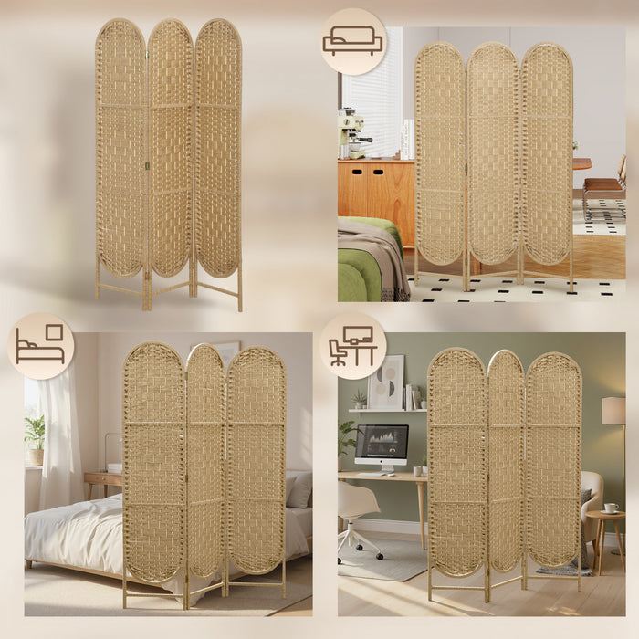 HOMCOM 3 Panel Room Divider, Bohemian Folding Privacy Screen, Natural Wood