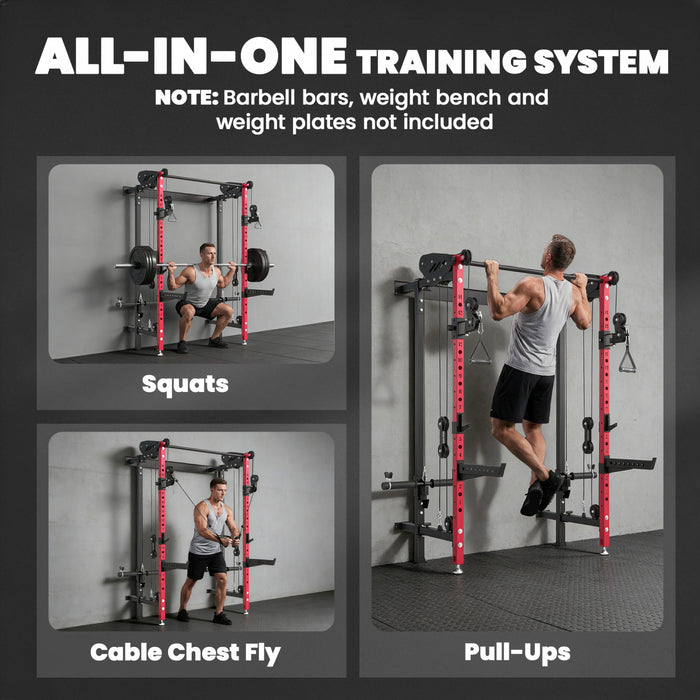 Soozier Foldable Power Cage, Space-Saving Power Rack with Pull-Up Bar, Red
