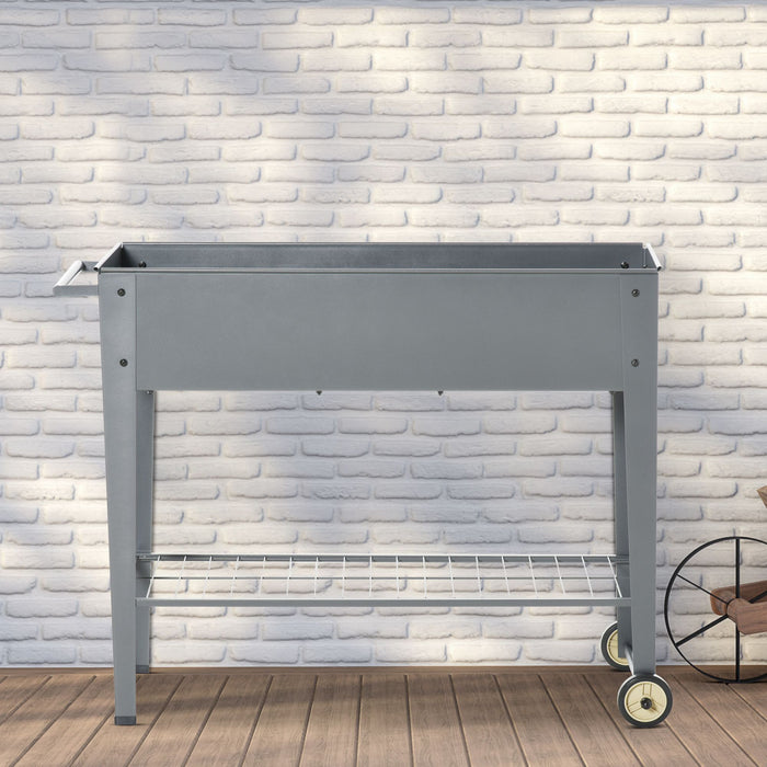 Outsunny 41\" X 15\" X 32\" Elevated Planter Box With Legs Raised Garden Bed Elevated With 2 Wheels, Bottom Shelf For Storing Tools, & Water Drainage Hole, Grey