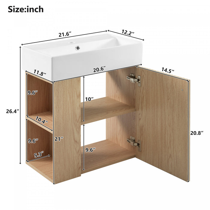 Camille Floating Bathroom Vanity with Ceramic Sink and Left Side Storage, Natural