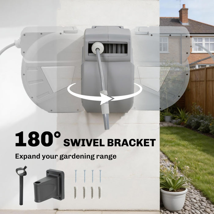 Outsunny Retractable Garden Hose Reel, 1/2\" x 66ft Wall Mounted Hose Reel with Auto Retraction, Self-Locking, Slow Return System, 180° Swivel Bracket and 2 Patterns Nozzle
