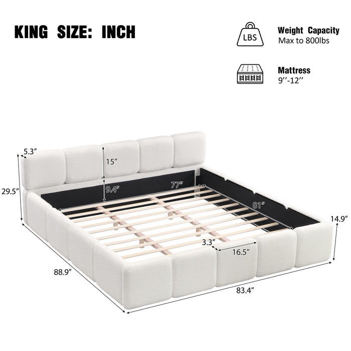 Aiden Platform Bed with Supportive Upholstered Frame in Boucle Fabric,King Size,White King Bed