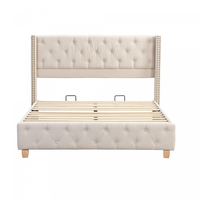 Haley Linen Upholstered Platform Bed with Classic Wingback Headboard and Diamond Tufted Upholstery,Full Size,Beige Full Bed