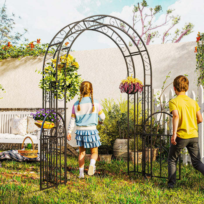 Outsunny 7.4ft Steel Garden Arch With Gate, Garden Arbor Trellis, Black