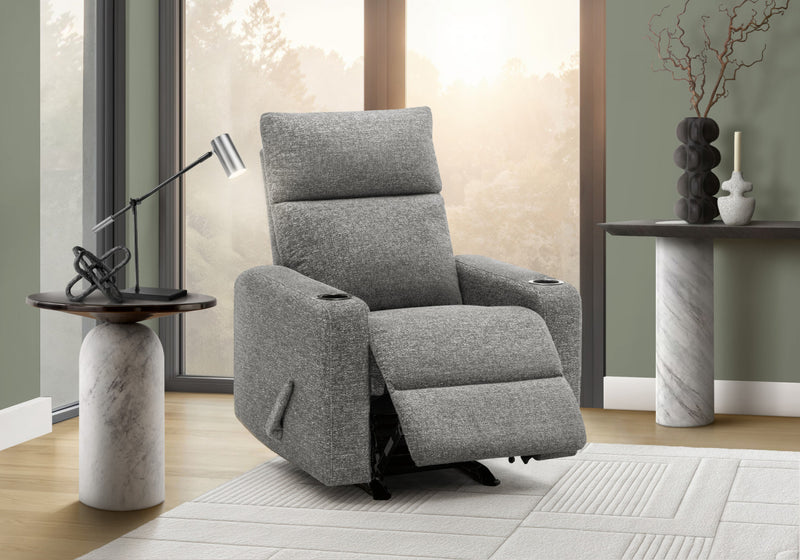 Upholstered Small Reclining Chair, Manual Rocker, Cup Holders, Dark Grey Fabric Recliner