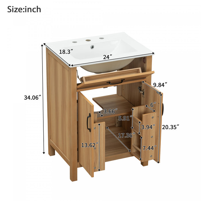Nolan 24 Inch Modern Wood Bathroom Vanity with Ceramic Sink & Storage, Brown