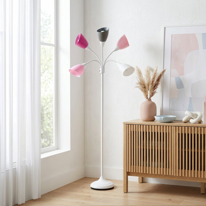 Skye 5 Light Adjustable Gooseneck Floor Lamp, White, Pink, & Smokey Gray, 67\"H
