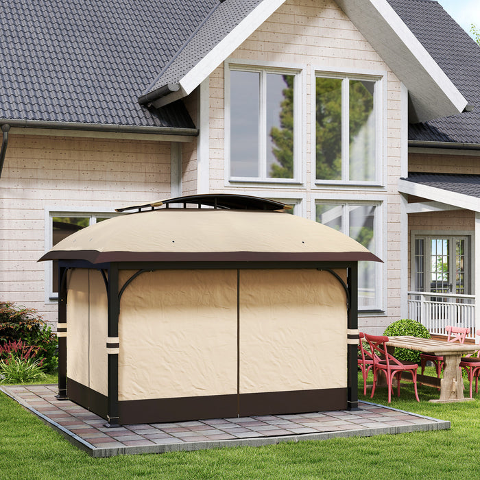 Outsunny 11' x 13' Double Roof Gazebo With Netting & Curtains, Khaki