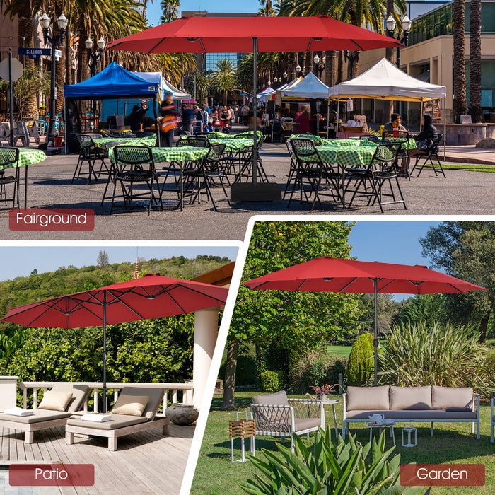 Costway 15FT Double-Sided Twin Patio Umbrella Sun Shade Outdoor Crank Market Base Wine