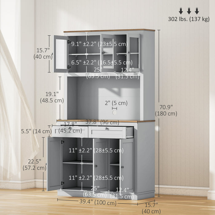 HOMCOM 71\" Pantry Cabinet w/ Microwave Space Buffet w/ Hutch Grey