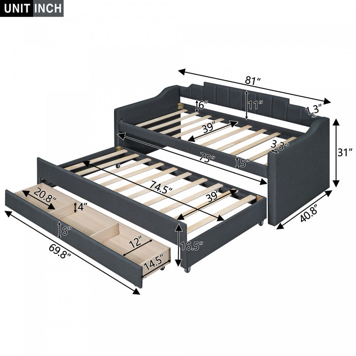 Hogan Linen-look Fabric Upholstered Daybed With Trundle And Storage Drawers, Twin Size, Grey