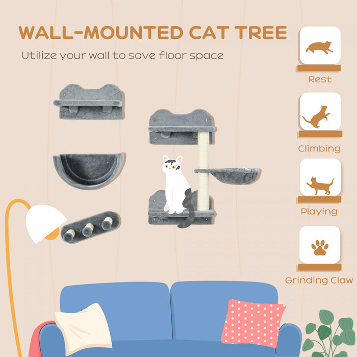 Pawhut Cat Wall Climber With Hammock, Scratching Post, 3 Steps, Jumping Platforms, Cat Wall Shelves For Relaxing, Sleeping, Climbing, Cat Wall Furniture For Indoor Cat - Grey