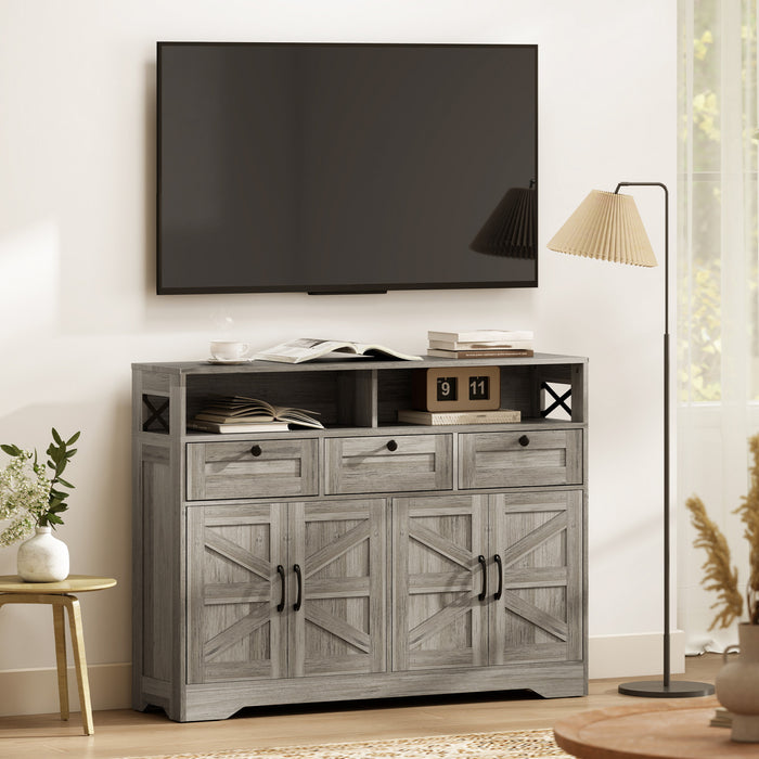 HOMCOM Sideboard, Buffet Cabinet with 4 Barn Doors and 3 Drawers Grey