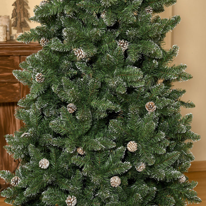 Homcom 7.5ft Flocked Christmas Tree With Pine Cones And Metal Base, Green
