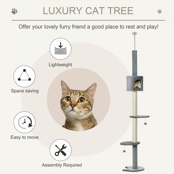 Pawhut 4-tier Floor To Ceiling Cat Tree, Tall Cat Tower With Scratching Post, Plush Padding, Toy Ball, Cat Condo For Indoor Cats, Light Grey