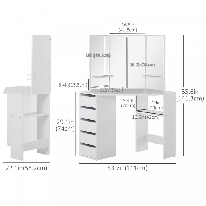 HOMCOM Corner Vanity Table, Makeup Desk with 3-piece Mirror and 5 Drawers