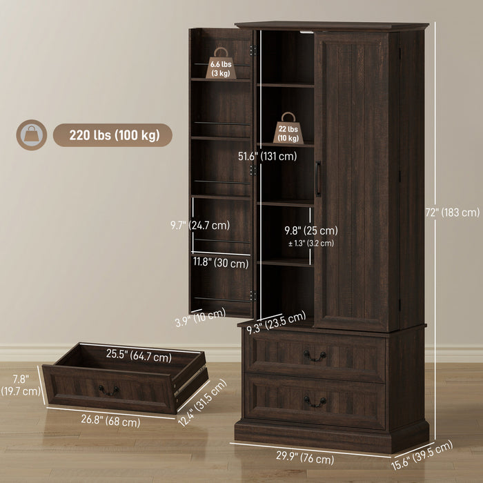 HOMCOM 72\" Kitchen Pantry Cabinet with LED Light and Door Shelves, Brown