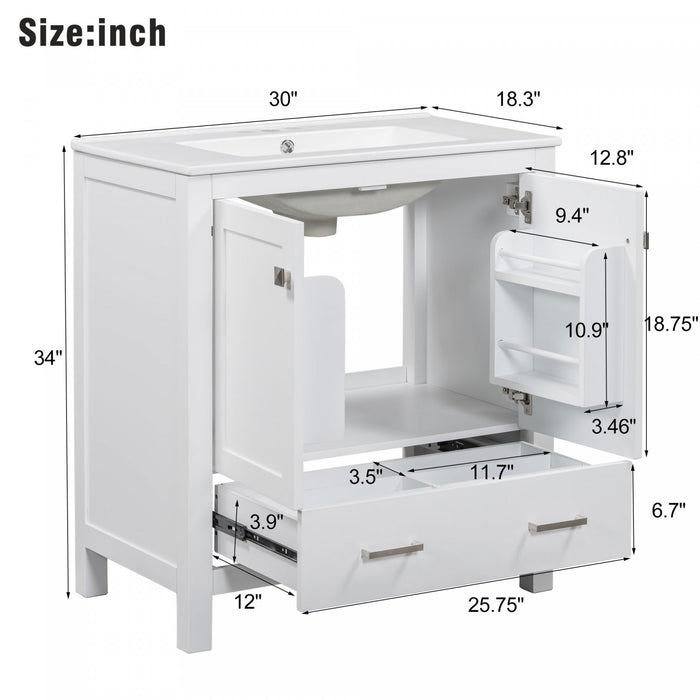 Erica 30\" Solid Wood Bathroom Vanity With Single Ceramic Sink, Soft-close Doors, And Multifunctional Storage - White