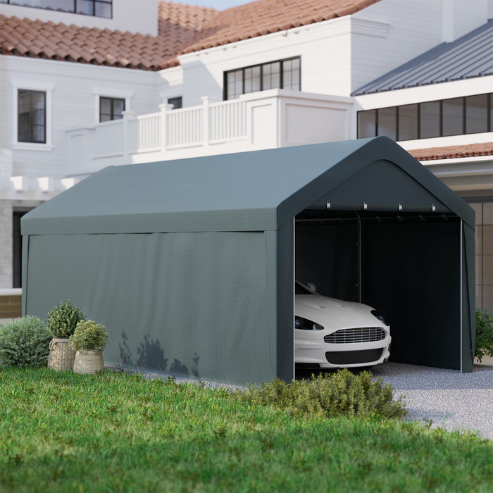 Outsunny Carport, 10 X 20 Ft Car Shelter With 2 Roll-up Doors, Dark Grey