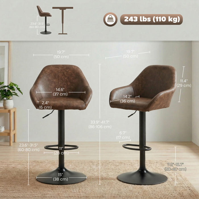 HOMCOM Adjustable Bar Stools Set of 2, Swivel Barstool W/ Footrest Coffee