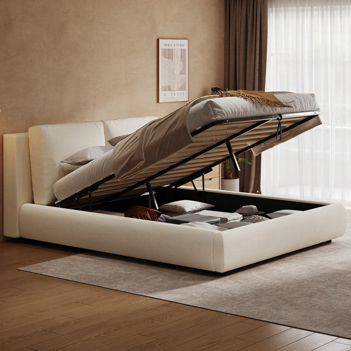 Diana Ottoman Hydraulic Lift Storage Platform Bed with Luxurious Boucle Upholstered and Sturdy Storage,King Size,White King Bed