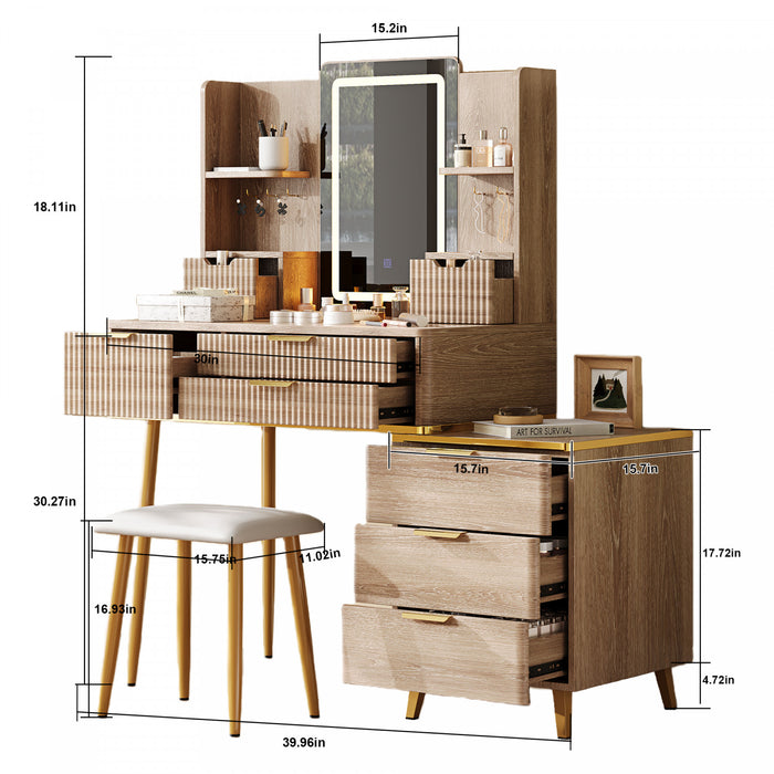 Victoria 7-Drawer Vanity Table Set with LED Mirror and Metal Legs,Yellow Brown Mirror Cabinet